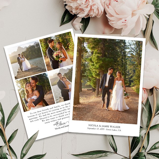 Tarjeta De Agradecimiento Elegante caligrafía simple moderna 5 Boda foto (Wedding Photo Thank You Card with elegant modern calligraphy and 5 photos)