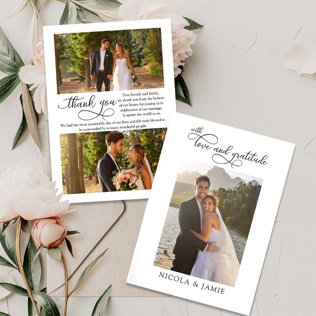 Tarjeta De Agradecimiento Elegante caligrafía simple moderno 3 Bodas foto (Love and Gratitude Wedding Photo Thank You Card with elegant modern calligraphy and 3 photos)