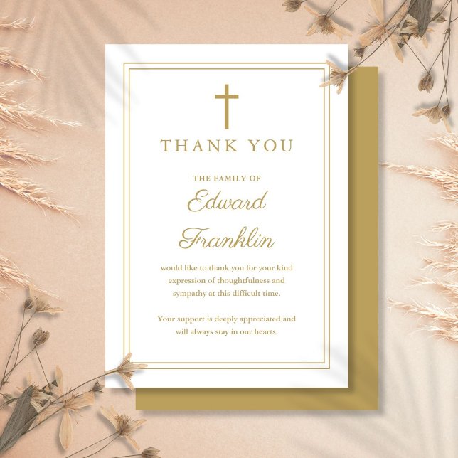 Tarjeta De Agradecimiento Elegante Celebración Cristiana Oro Del Funeral De  (Elegant Gold Christian Celebration Of Life Funeral Thank You Card)