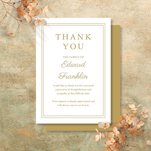 Tarjeta De Agradecimiento Elegante Celebración de la Vida Funeral de Oro (Elegant Gold Celebration Of Life Funeral Thank You Card)