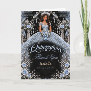 Tarjeta De Agradecimiento Elegante Celebración de Quinceañera en Azul Hielo