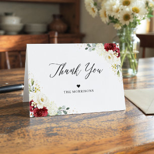 Tarjeta De Agradecimiento Elegante Chic Burgundy Rojo Blanco Floral Boda