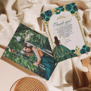 Tarjeta De Agradecimiento Elegante Chic Esmeralda Floral Foto Quinceañera