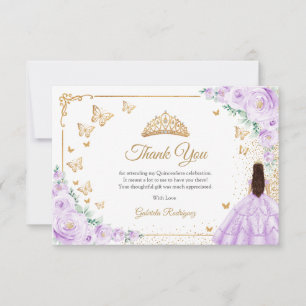 Tarjeta De Agradecimiento Elegante Chic Morado Lila Rosas Oro Quinceañera