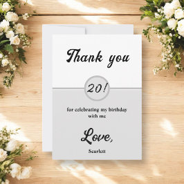 Tarjeta De Agradecimiento Elegante Chic Negro Y Blanco Gris Cumpleaños 20
