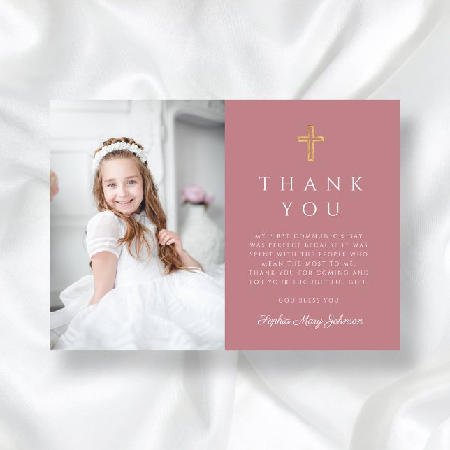 Tarjeta De Agradecimiento Elegante Chica cruzado rosa foto primera comunión (Elegant Cross Pink Girl Photo First Communion Thank You Card)