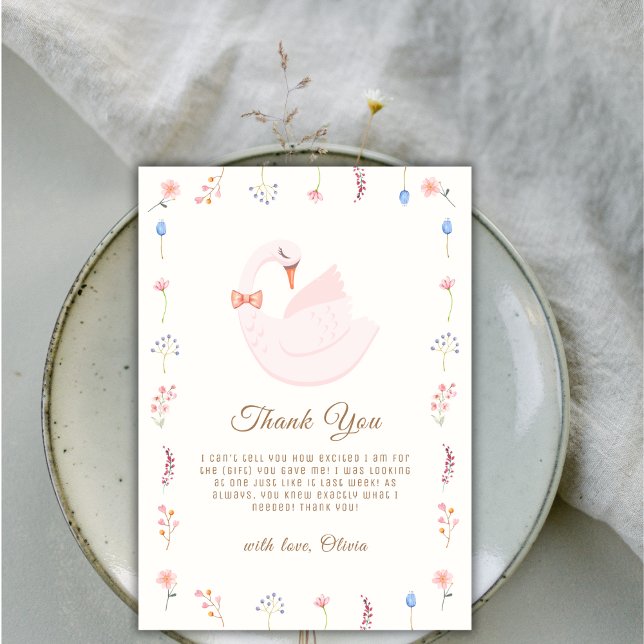 Tarjeta De Agradecimiento Elegante Chica de cisnes de flores silvestres Baby (Elegant Wildflower Princess Swan Girl Baby Shower Thank You Card)