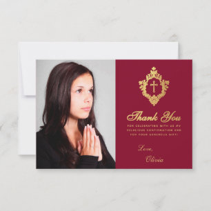 Tarjeta De Agradecimiento Elegante Chica de confirmación Burgundy Faux Gold