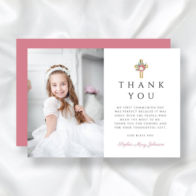 Tarjeta De Agradecimiento Elegante Chica de la Cruz Floral Primera Comunión (Elegant Floral Cross Girl First Communion Thank You Card)