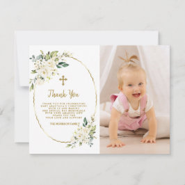 Tarjeta De Agradecimiento Elegante Chica Floral de oro blanco Christening