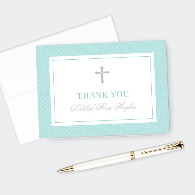 Tarjeta De Agradecimiento Elegante Chica Verde azulado Plata Primera Comunió (Subido por el creador)