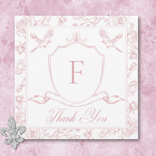 Tarjeta De Agradecimiento Elegante Chinoisería Rosa con Ave y Cima Nupcial