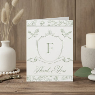 Tarjeta De Agradecimiento Elegante Chinoisería Verde Pájaro y Escudo de Arma