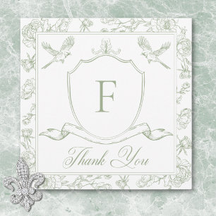 Tarjeta De Agradecimiento Elegante Chinoisería Verde Pájaro y Escudo de Arma