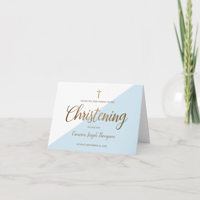 Tarjeta De Agradecimiento Elegante Christening Baby Boy Blue Gold Gracias (Anverso)