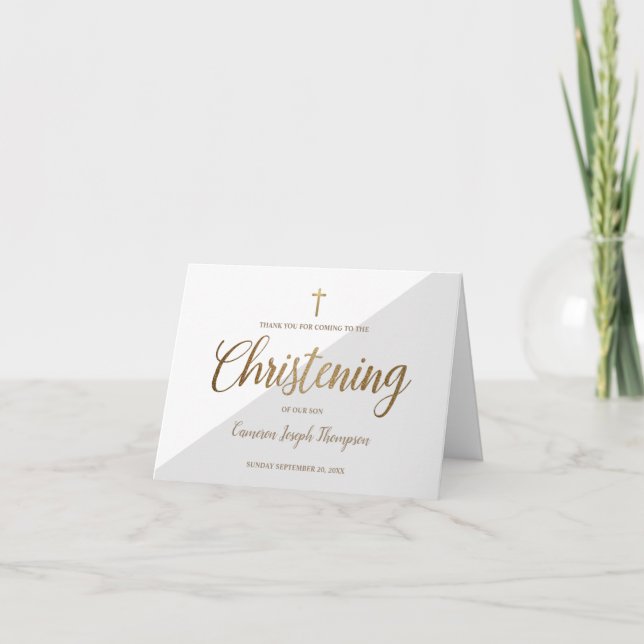 Tarjeta De Agradecimiento Elegante Christening Baby Boy GRAY Gold Gracias (Anverso)