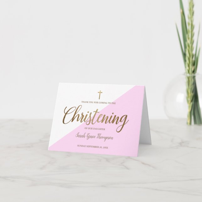 Tarjeta De Agradecimiento Elegante Christening Baby Girl Pink Gold Gracias (Anverso)