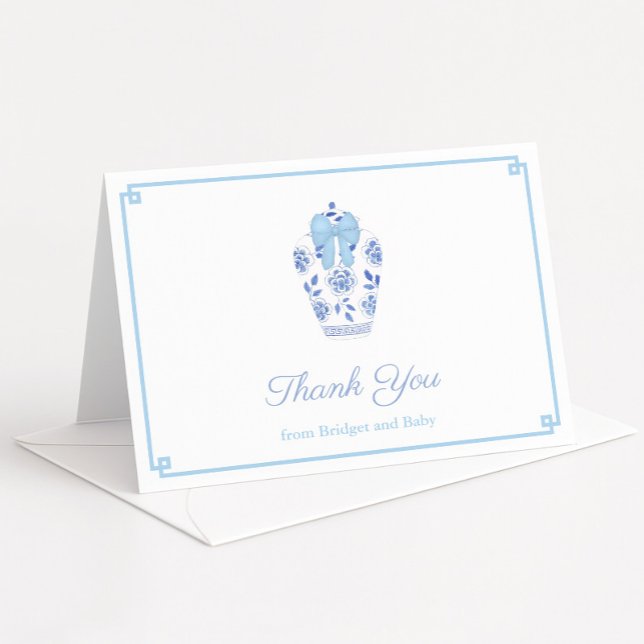 Tarjeta De Agradecimiento Elegante Cinta Azul Ginger Jar Baby Boy Ducha (Ginger jar with pale blue bow baby boy shower or wedding shower thank you cards)