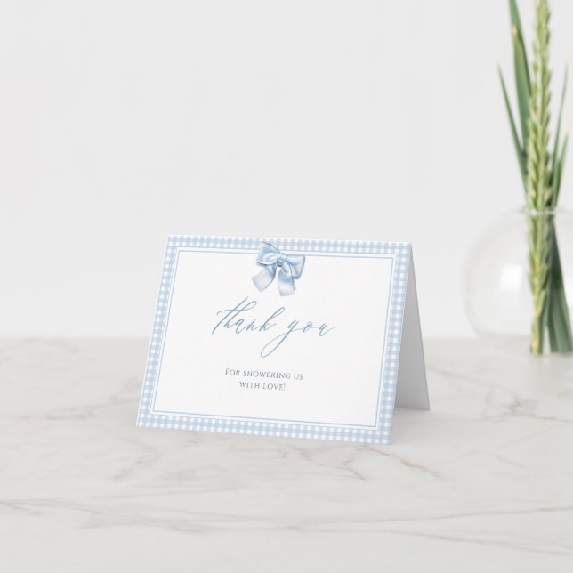 Tarjeta De Agradecimiento Elegante Clasic Gingham Blue Bow Baby Shower (Anverso)