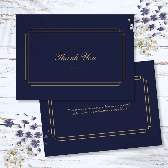 Tarjeta De Agradecimiento Elegante clásico Art Deco Marina Azul y Oro (Elegant Classic Art Deco Navy Blue and Gold Thank You Card)