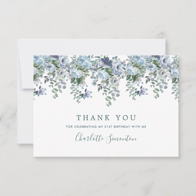 Tarjeta De Agradecimiento Elegante Classic Dusty Blue Floral 21º cumpleaños (Anverso)