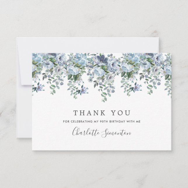 Tarjeta De Agradecimiento Elegante Classic Dusty Blue Floral 90 cumpleaños (Anverso)