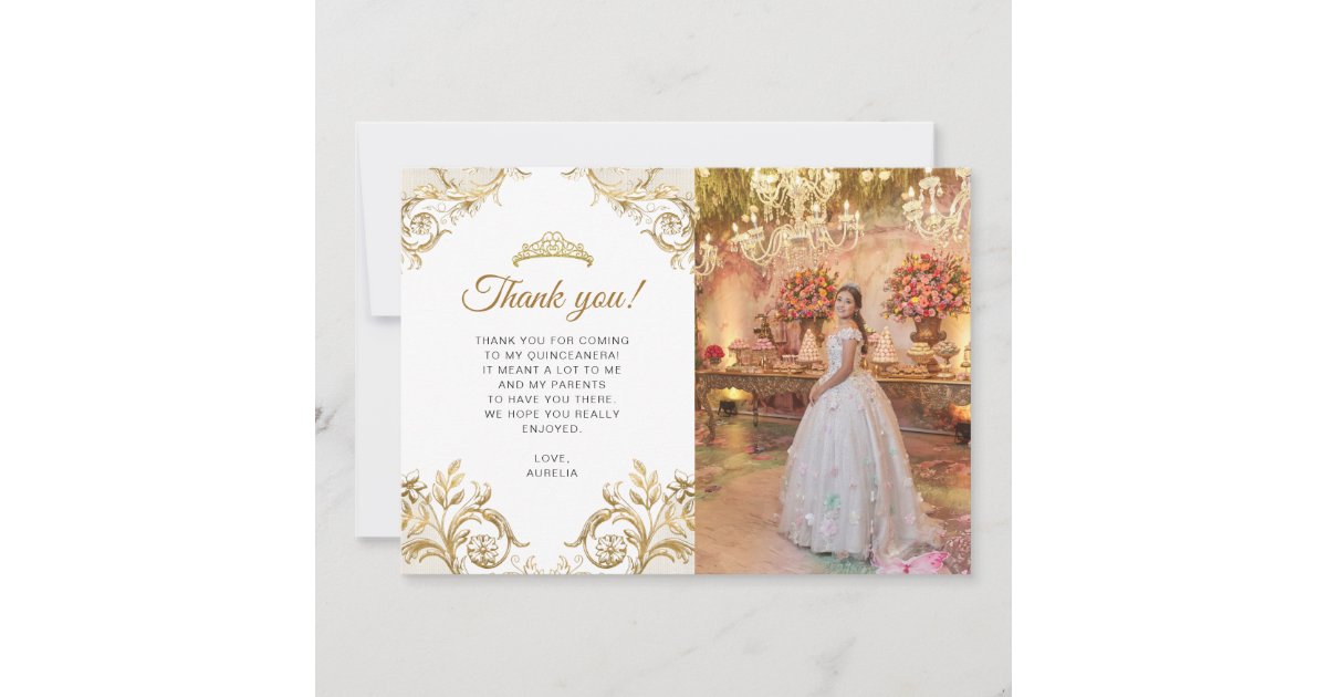Tarjeta De Agradecimiento Elegante Classic White Gold Photo Quinceañera