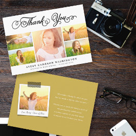 Tarjeta De Agradecimiento Elegante Colaje de 5 Fotos de Graduación con Letra