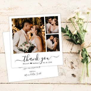 Tarjeta De Agradecimiento Elegante Colaje de Fotos de Boda con Guion Minimal