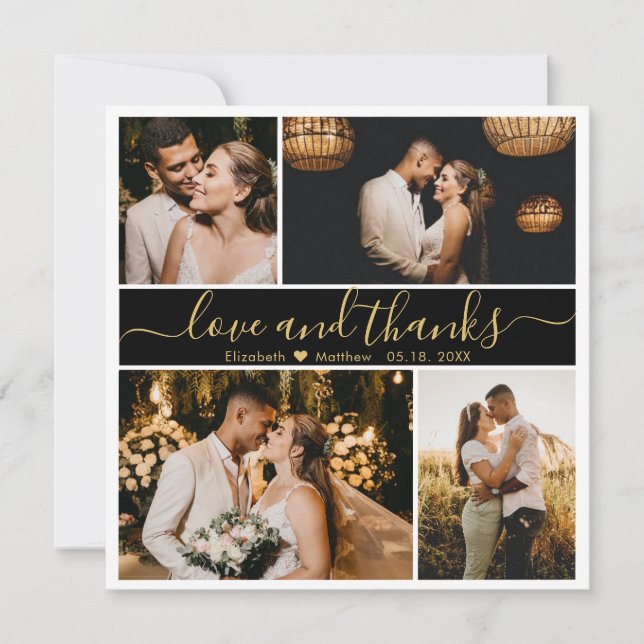 Tarjeta De Agradecimiento Elegante Collage de fotos De Guión Dorado Boda (Anverso)