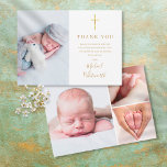Tarjeta De Agradecimiento Elegante Collage de fotos Firma Script Bautismo<br><div class="desc">Un elegante collage de fotos con guión de firma dorada Bautismo o tarjeta de agradecimiento Christening. Personalice con sus 4 fotos especiales y gracias a su mensaje puesto en letras de oro de moda. Diseñado por Thisisnotme©</div>