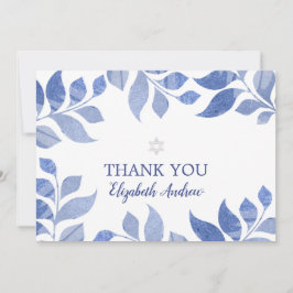 Tarjeta De Agradecimiento Elegante color de agua azul Foliage Bat Mitzvah