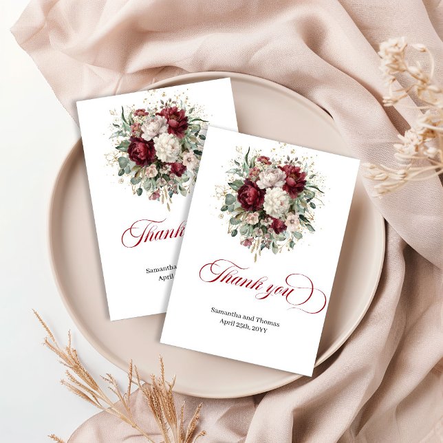 Tarjeta de agradecimiento elegante con flores de c (Stylish Deep Red Floral Greenery Thank You Card)