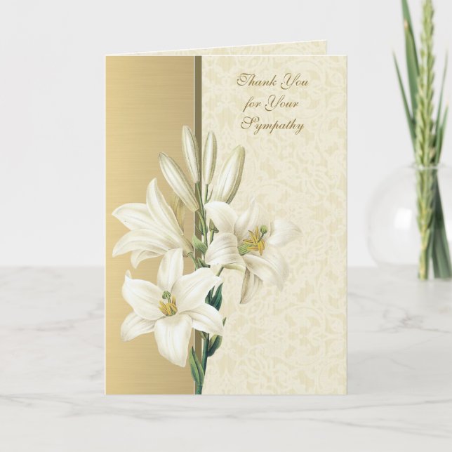 Tarjeta De Agradecimiento Elegante Condolencia Cristiana Lirio de Oro Gracia (Anverso)