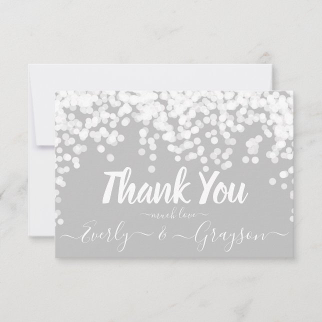 Tarjeta De Agradecimiento Elegante Confetti Fairy Lights Gray White Gracias (Anverso)