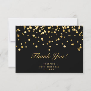 Tarjeta De Agradecimiento Elegante Confetti Negro y Oro 70 cumpleaños
