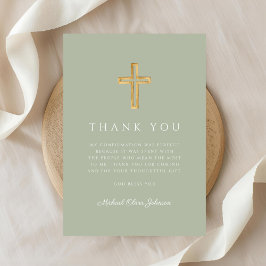 Tarjeta De Agradecimiento Elegante confirmación de cruz religiosa verde salv
