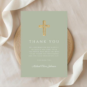 Tarjeta De Agradecimiento Elegante confirmación de cruz religiosa verde salv