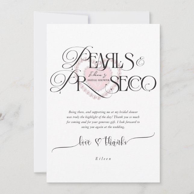 Tarjeta De Agradecimiento Elegante Corazón Perlas Prosecco Fiesta de Despedi (Anverso)