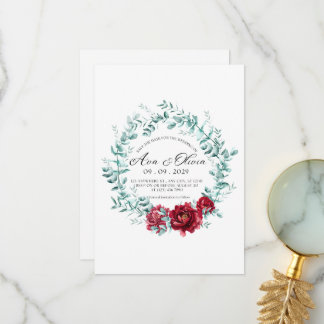 Tarjeta De Agradecimiento Elegante Corona de Boda de Rosa Roja Borgoña y Euc