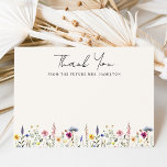 Tarjeta De Agradecimiento Elegante Crema de Flor Silvestre Futuro Sra. Brida<br><div class="desc">Celebra el amor y la gratitud con nuestra encantadora tarjeta de agradecimiento Elegant Wildflower Meadow. Delicadamente elaborada con tonos vivos de rosa, amarillo, violeta, azul y verde, una exuberante colección de flores silvestres y follaje adornan el fondo, lo que evoca el frescor de la primavera y el calor del verano....</div>