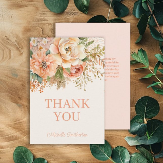 Tarjeta De Agradecimiento Elegante Crema de Peach Floral cumpleaños (Peach and cream-colored watercolor floral birthday party thank you card. )