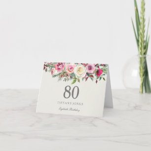 Tarjeta De Agradecimiento Elegante Crema Rosa Floral 80 cumpleaños Gracias