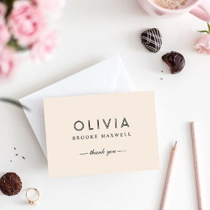 Tarjeta De Agradecimiento Elegante crema y monograma personalizado negro