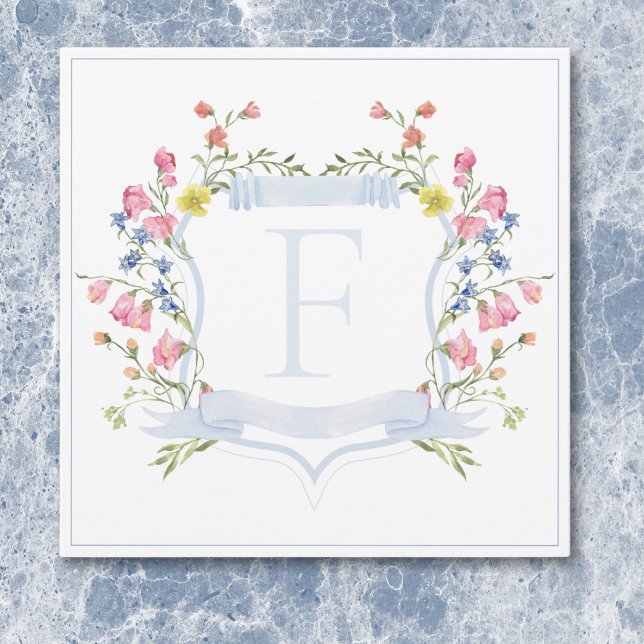 Tarjeta De Agradecimiento Elegante Cresta de Flor Silvestre en Azul Polvo Pa (Elegant Dusty Blue Pastel Wildflower Crest Wedding Thank You Card)