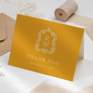 Tarjeta De Agradecimiento Elegante Cresta de Monograma Amarillo Caléndula Bo