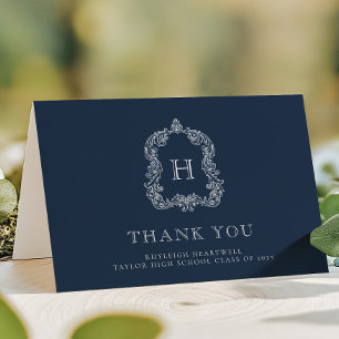 Tarjeta De Agradecimiento Elegante Cresta de Monograma Azul Marino Blanco Gr