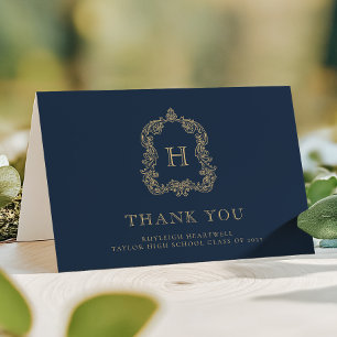 Tarjeta De Agradecimiento Elegante Cresta de Monograma Azul Marino Dorado Gr