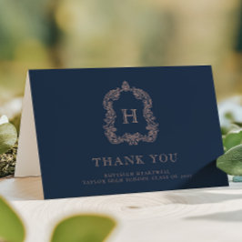 Tarjeta De Agradecimiento Elegante Cresta de Monograma Azul Marino Rosa Grad