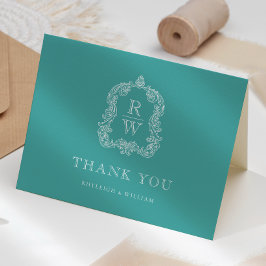 Tarjeta De Agradecimiento Elegante Cresta de Monograma Boda Turquesa